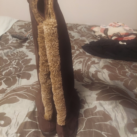 Stuart Weitzman Alaska Boots Brown Cola Sport Suede Sherpa Foldover Size 8.5 - Picture 3 of 8